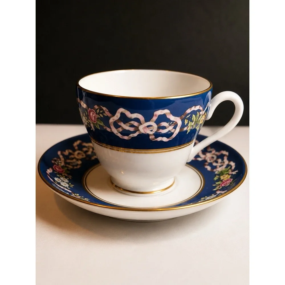 Spode Ribbons & Roses Y8553-P Bone China Teacup Saucer England Blue Gold